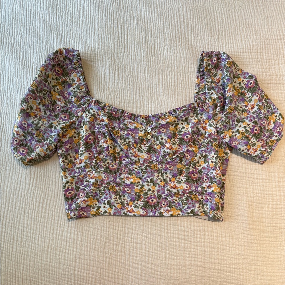 Lush Floral Puff-Sleeve Crop Top | Size S